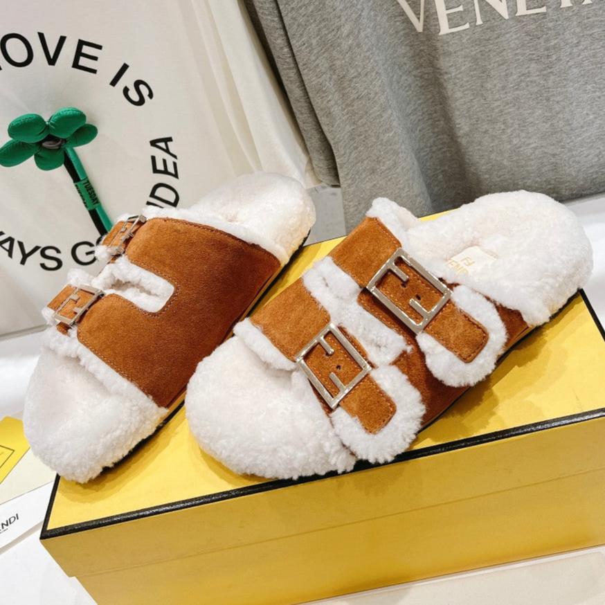 Luxury FendiLuxury FendiDAD SANDAL MULE IN BRONZE BROWN SUEDE WITH WHITE FLEECE