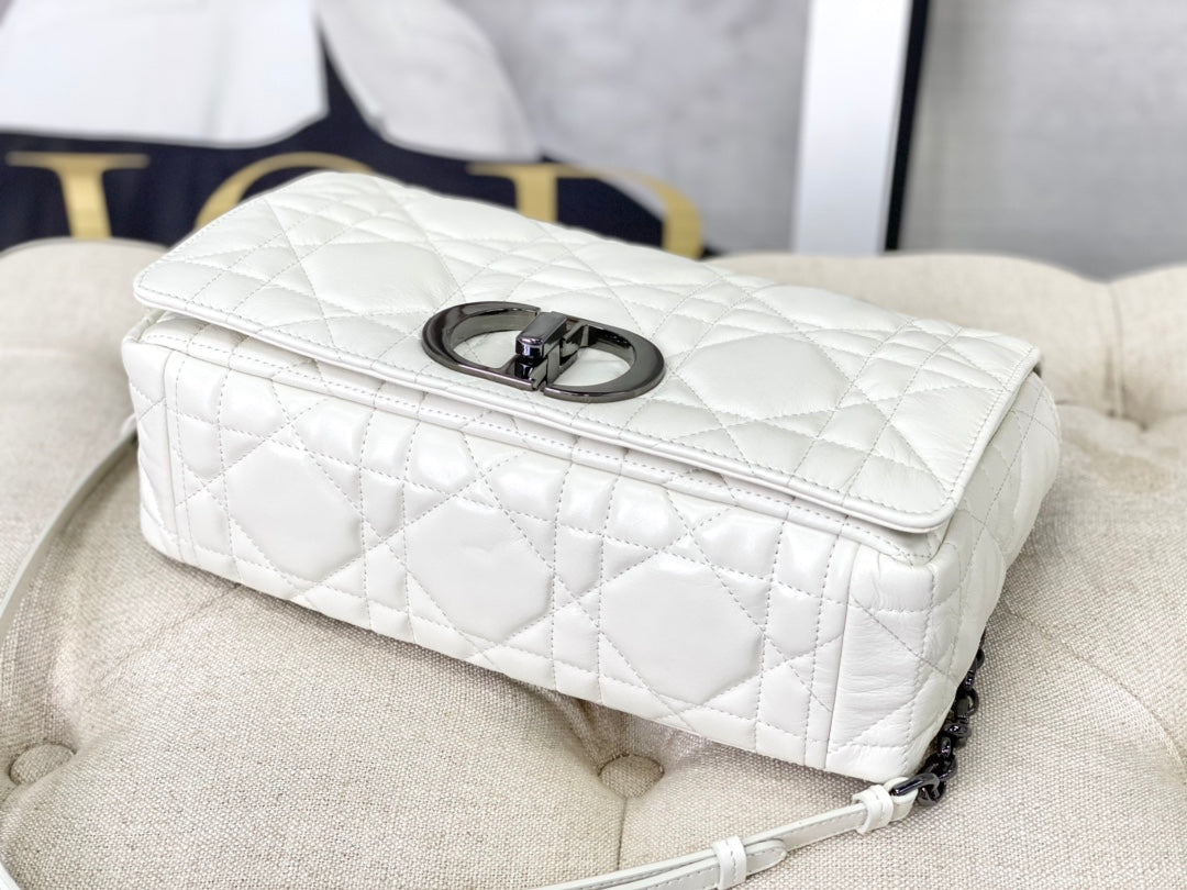 Luxury DiorLARGE CARO BAG 28 WHITE CALFSKIN BLACK HARDWARE