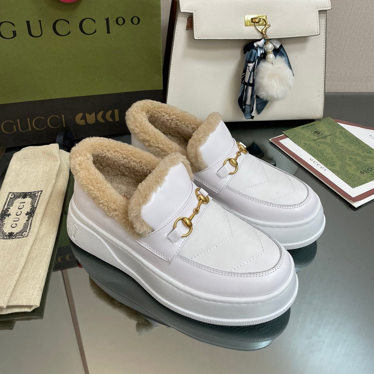Luxury Gucci GG LOAFER IN WHITE CALFSKIN WITH BEIGE WOOL LINING