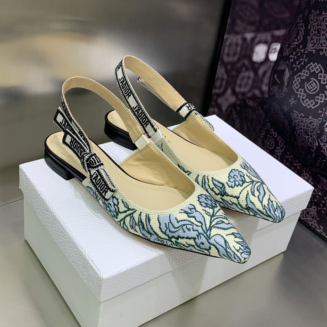 Luxury DiorJA Luxury DiorSlingback Flat Duck Blue Embroidered Cotton with Gold-Tone Metallic Thread