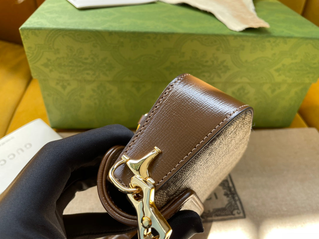 Luxury Gucci GG 12 HORSEBIT 1955 SUPER MINI BAG BEIGE CANVAS AND EBONY CALFSKIN