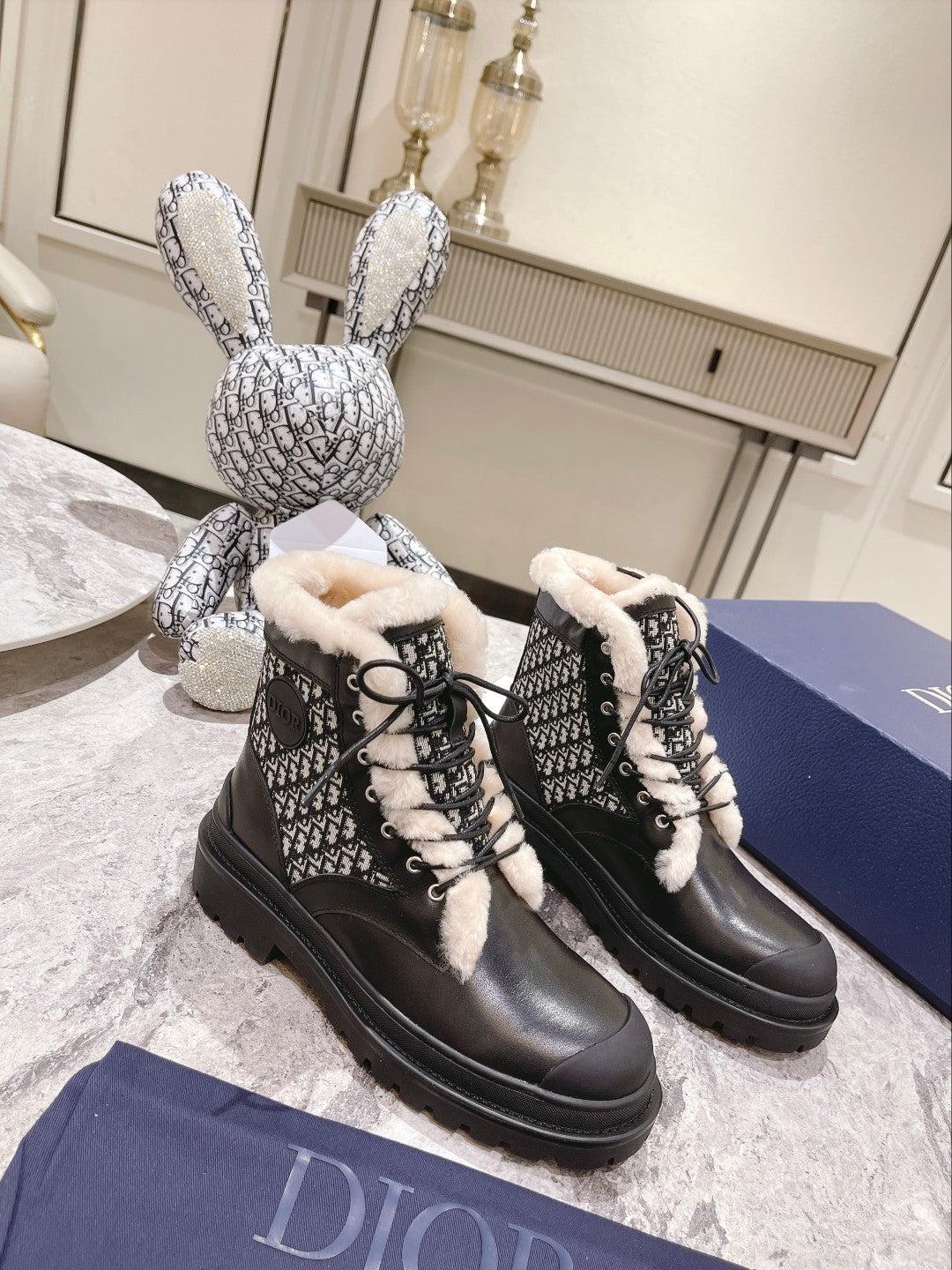 Luxury DiorExplorer Ankle Boot 50mm Black White Fleece Lining Oblique Jacquard Fabric And Cowhide