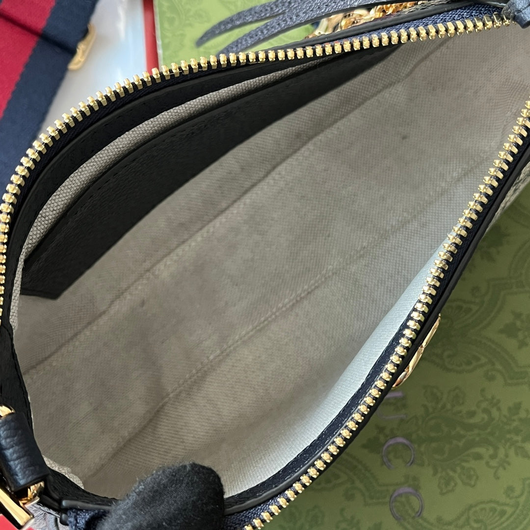 Luxury Gucci OPHIDIA SMALL SHOULDER BAG 25 IN BEIGE CANVAS AND BLACK LAMBSKIN GOLD HARDWARE