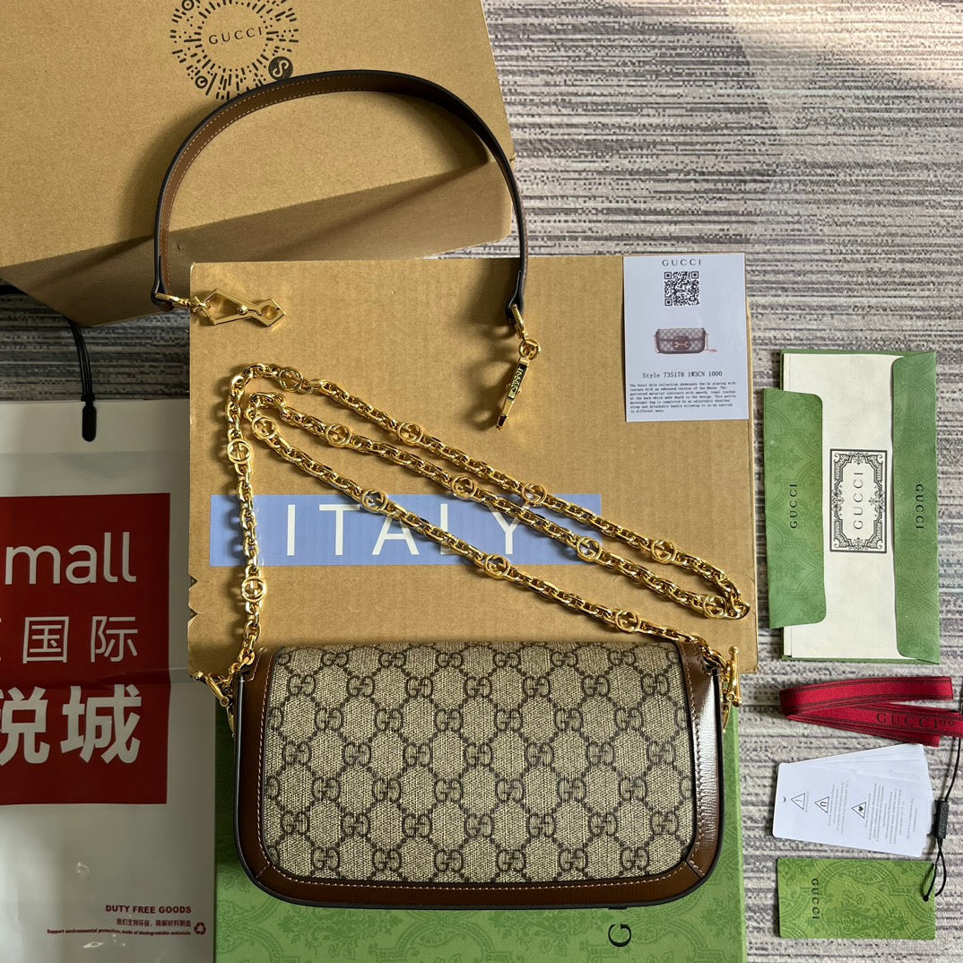 Luxury Gucci GG HORSEBIT 1955 BAG 24 IN BEIGE CANVAS AND BROWN CALFSKIN