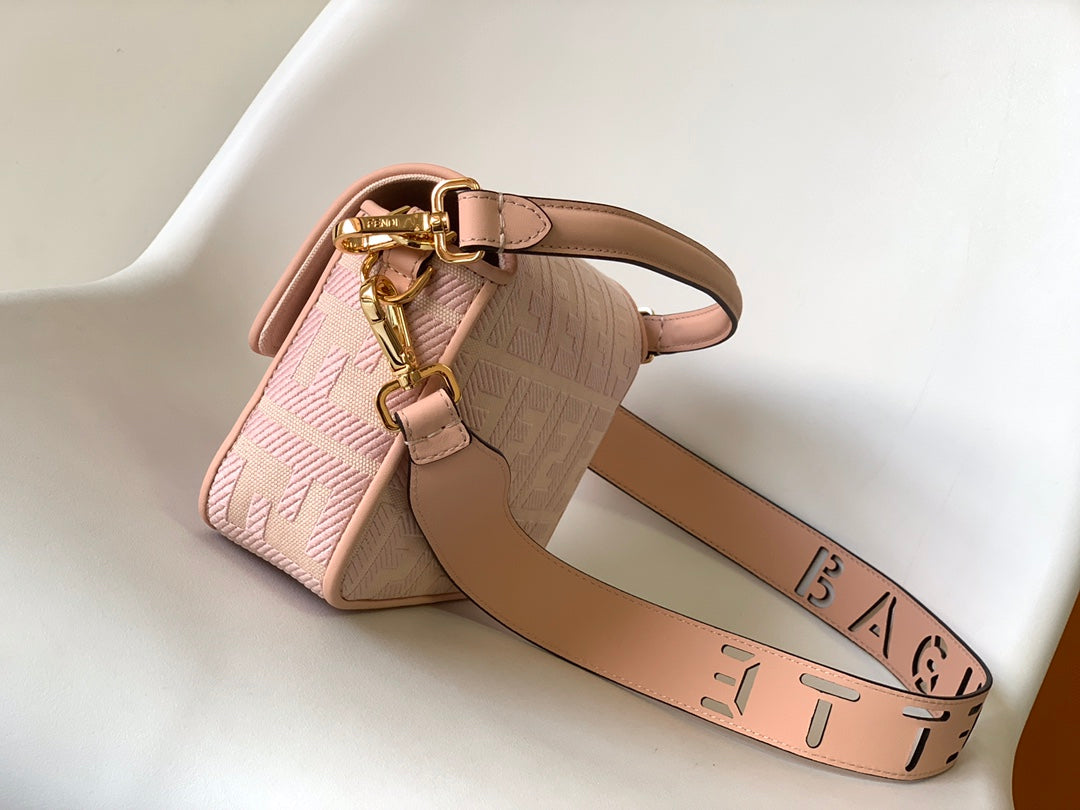 Luxury FendiFend Baguette Pink Canvas Bag 27 with FF Embroidery Ghw