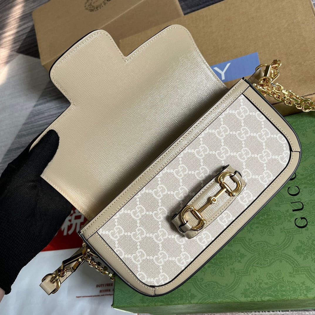 Luxury Gucci GG HORSEBIT 1955 BAG 24 IN WHITE CANVAS AND BEIGE CALFSKIN
