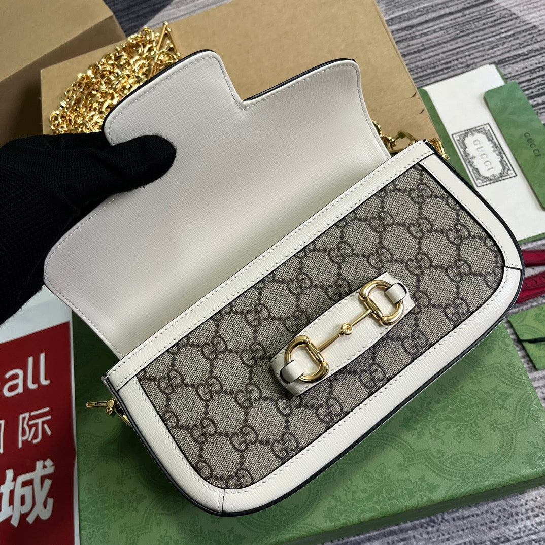 Luxury Gucci GG HORSEBIT 1955 BAG 24 IN BEIGE CANVAS AND WHITE CALFSKIN