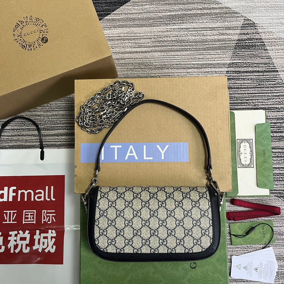 Luxury Gucci GG HORSEBIT 1955 BAG 24 IN BEIGE CANVAS AND BLACK CALFSKIN