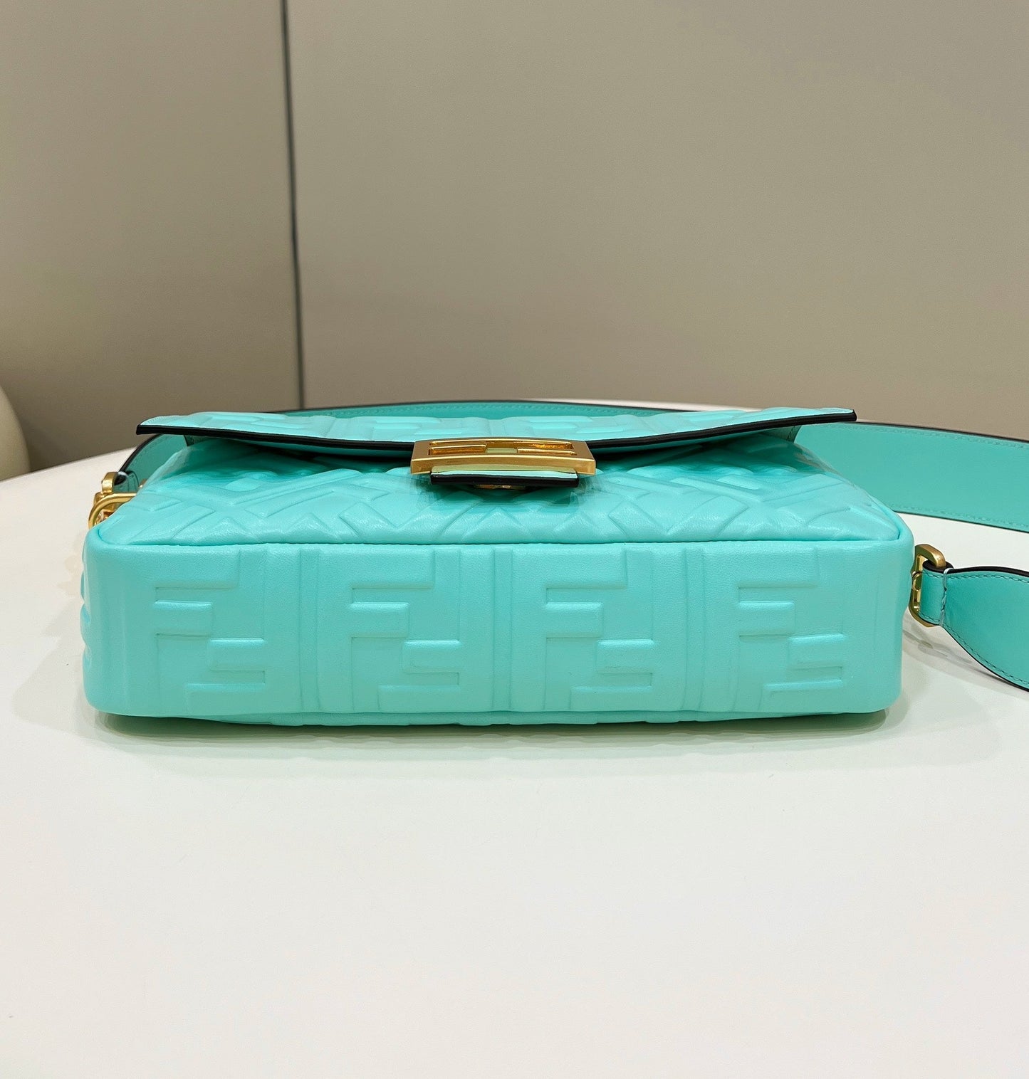 Luxury FendiBAGUETTE WITH FF MOTIF 27 IN TURQUOISE SOFT LAMBSKIN GOLD HARDWARE