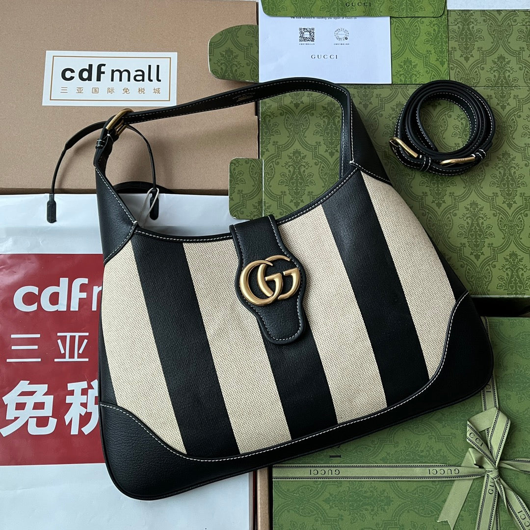 Luxury Gucci MEDIUM SHOULDER BAG 39 IN BEIGE CANVAS MIX BLACK CALFSKIN GOLD HARDWARE
