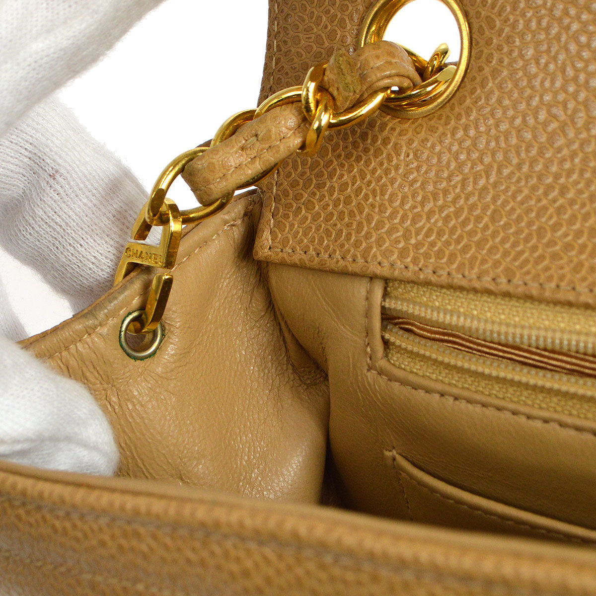 CHANEL 1994-1996 Horizontal Stitch Classic Square Flap Mini 17 Beige Caviar 56420