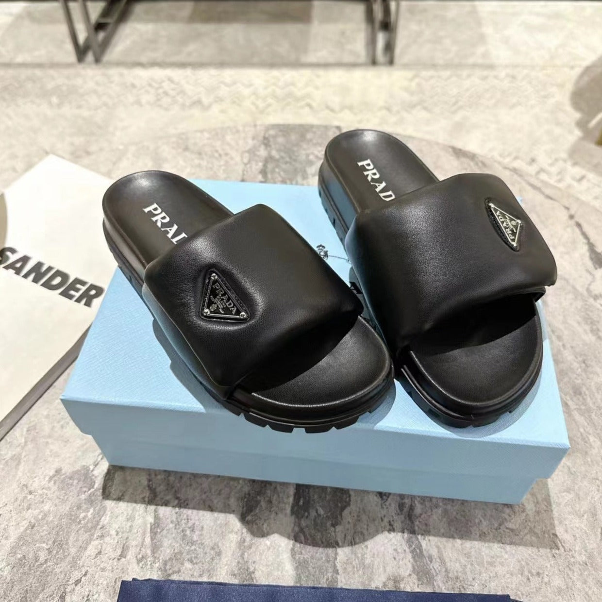 Luxury PradaSHEARLING SLIDES BLACK LAMBSKIN