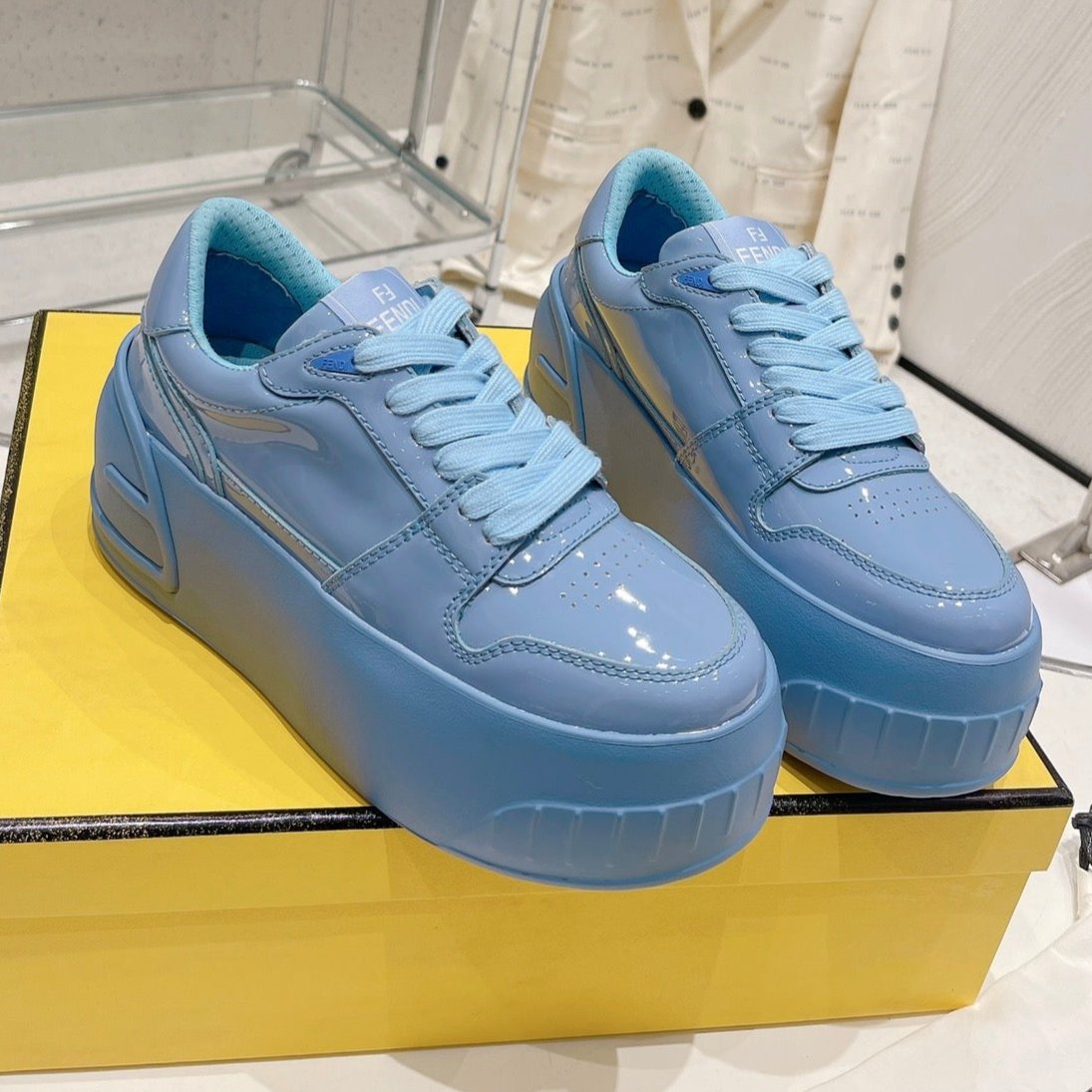 Luxury FendiLuxury FendiLOW-TOP TRAINER IN CERULEAN BLUE CALFSKIN