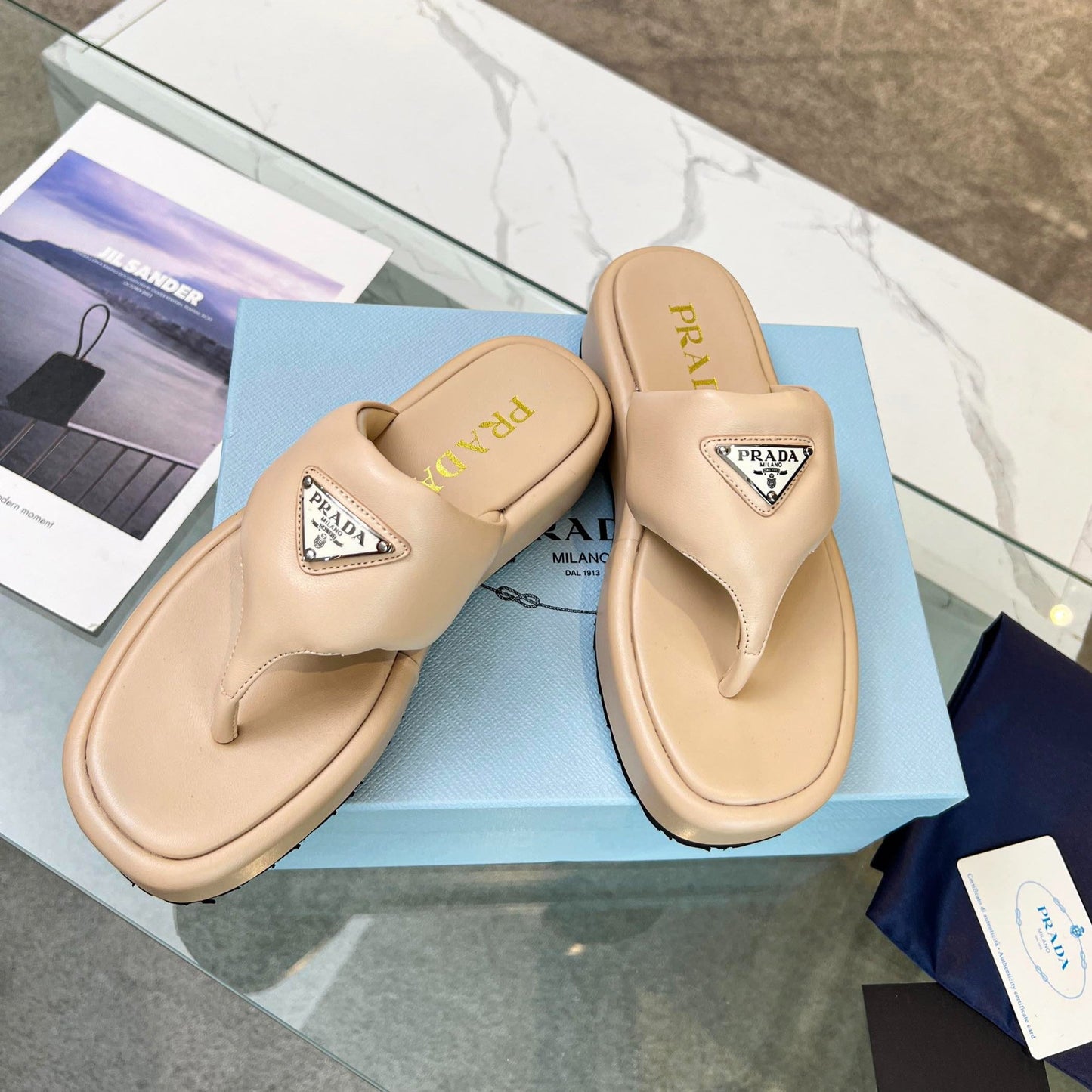 Luxury PradaSOFT PADDED NAPPA THONG WEDGE SANDALS TUSCAN LAMBSKIN