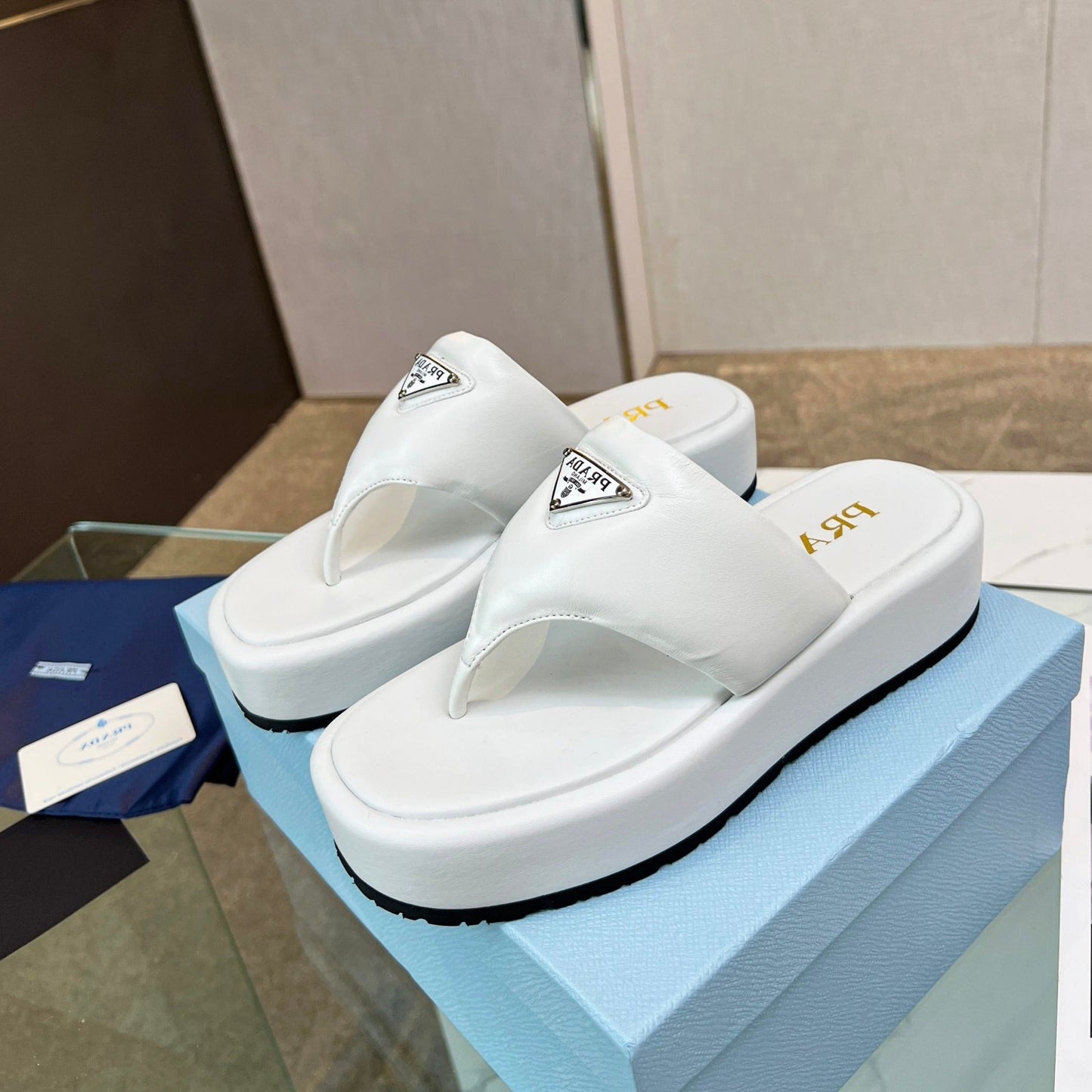 Luxury PradaSOFT PADDED NAPPA THONG WEDGE SANDALS WHITE LAMBSKIN