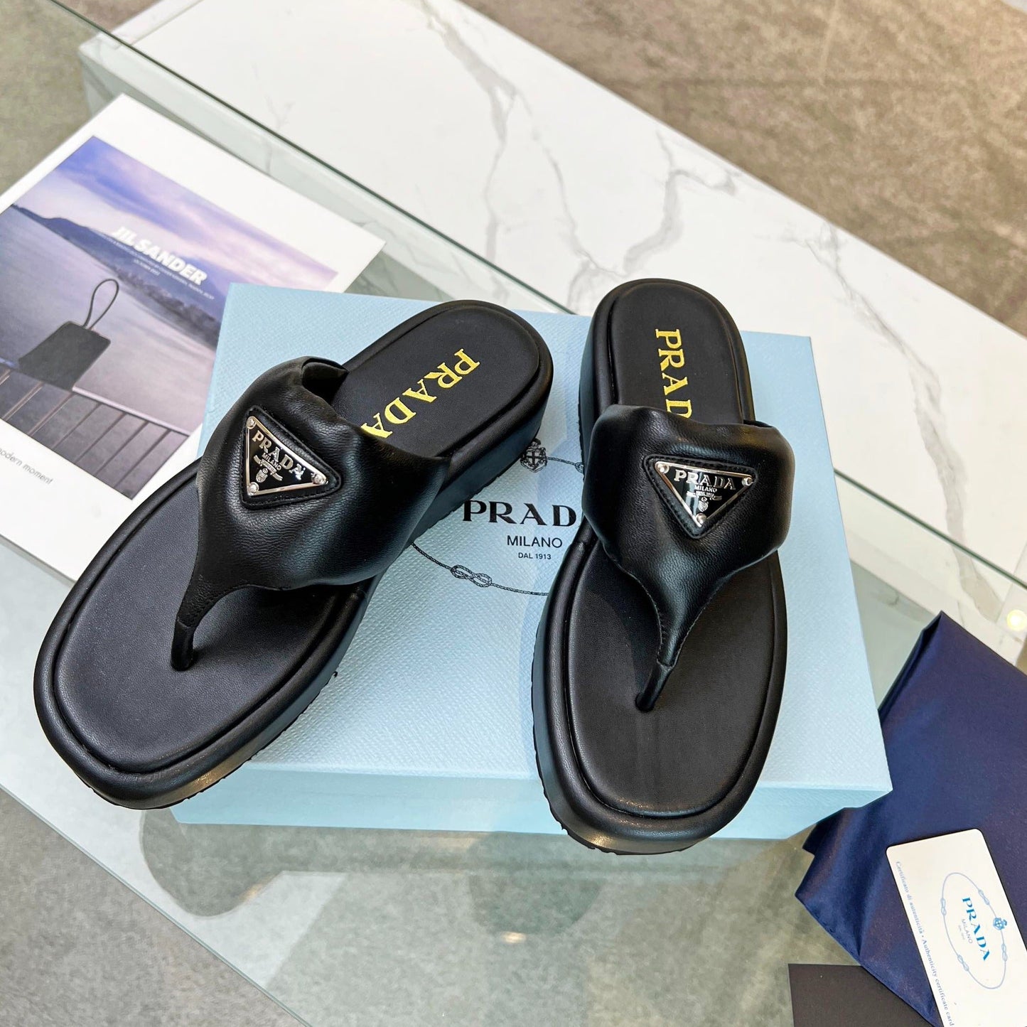 Luxury PradaSOFT PADDED NAPPA THONG WEDGE SANDALS BLACK LAMBSKIN