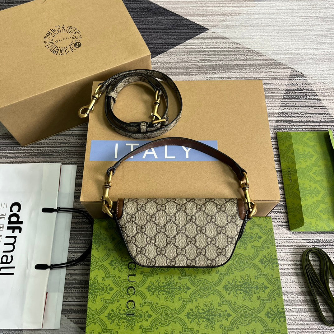 Luxury Gucci GG MINI 13 HANDBAG IN BEIGE CANVAS AND BROWN CALFSKIN