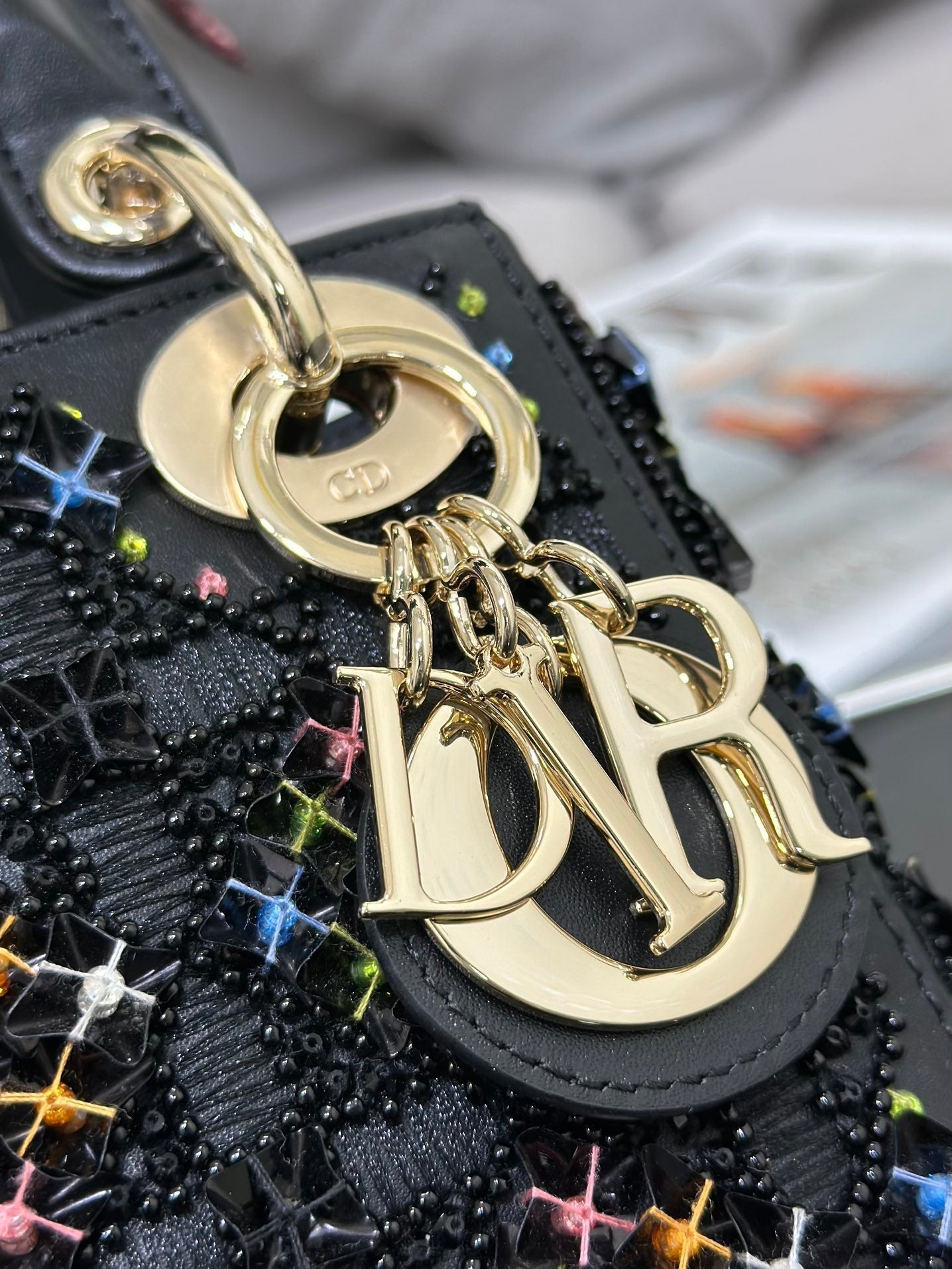 Luxury DiorMini Lady 17 Black Lambskin Black Beads