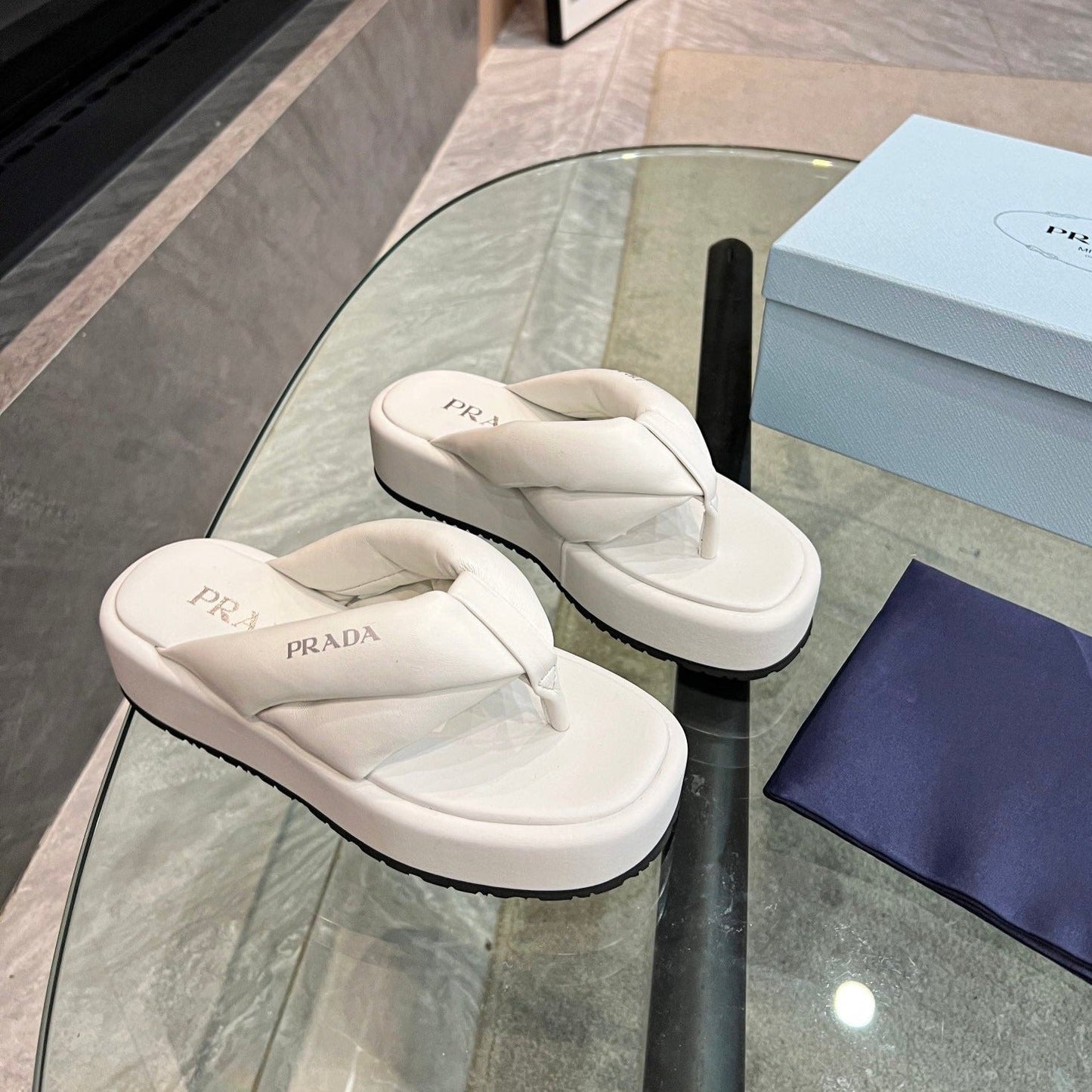 Luxury PradaTHONG FLATFORM SANDALS WHITE LAMBSKIN