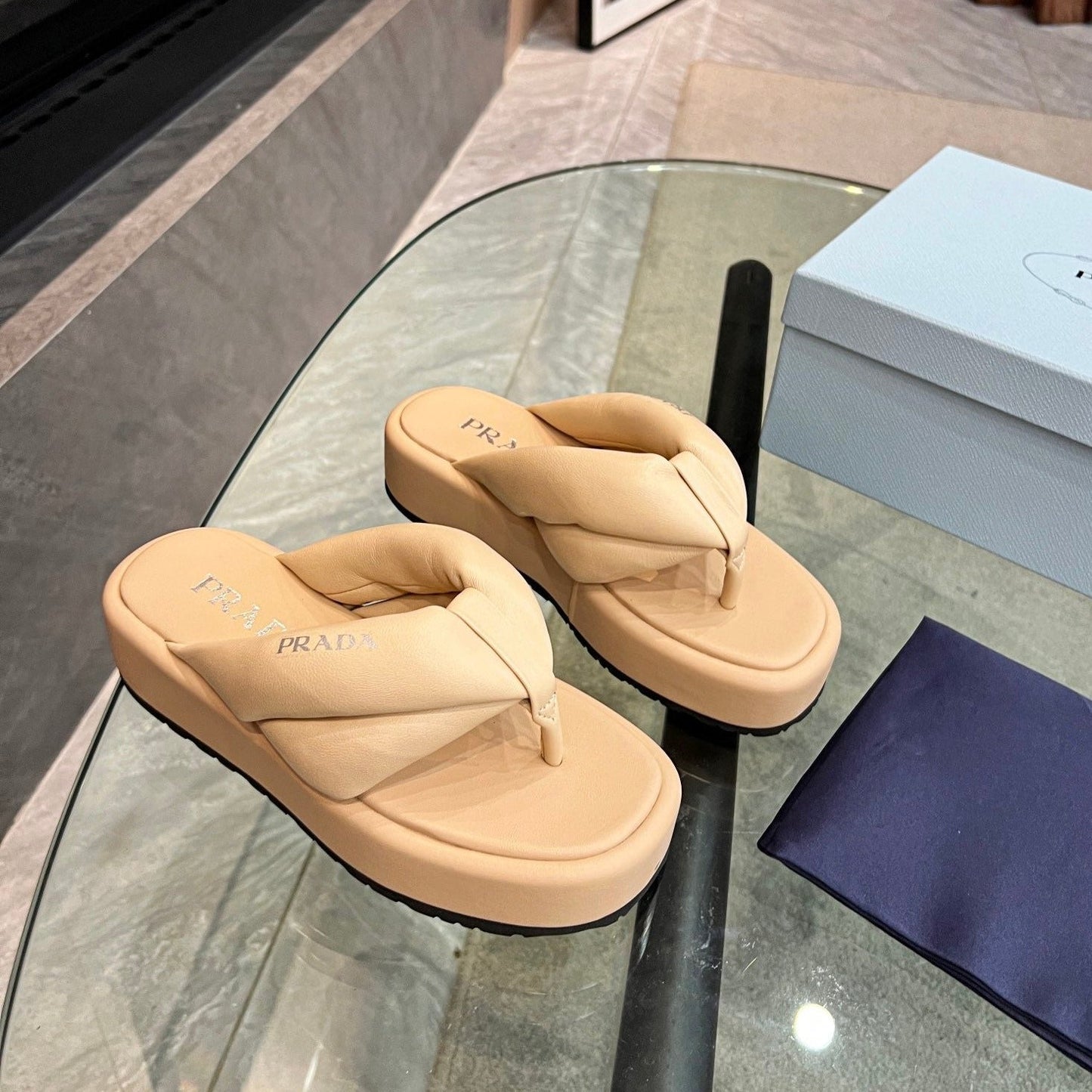 Luxury PradaTHONG FLATFORM SANDALS TUSCAN LAMBSKIN