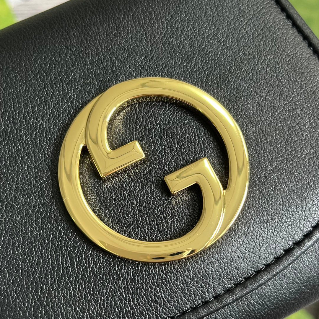 Luxury Gucci BLONDIE INTERLOCK MINI SHOULDER BAG 12 IN BLACK CALFSKIN GOLD CHAIN