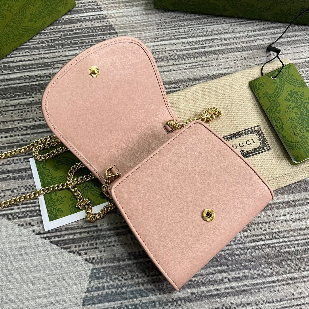 Luxury Gucci BLONDIE INTERLOCK MINI SHOULDER BAG 12 IN LIGHT PINK CALFSKIN GOLD CHAIN