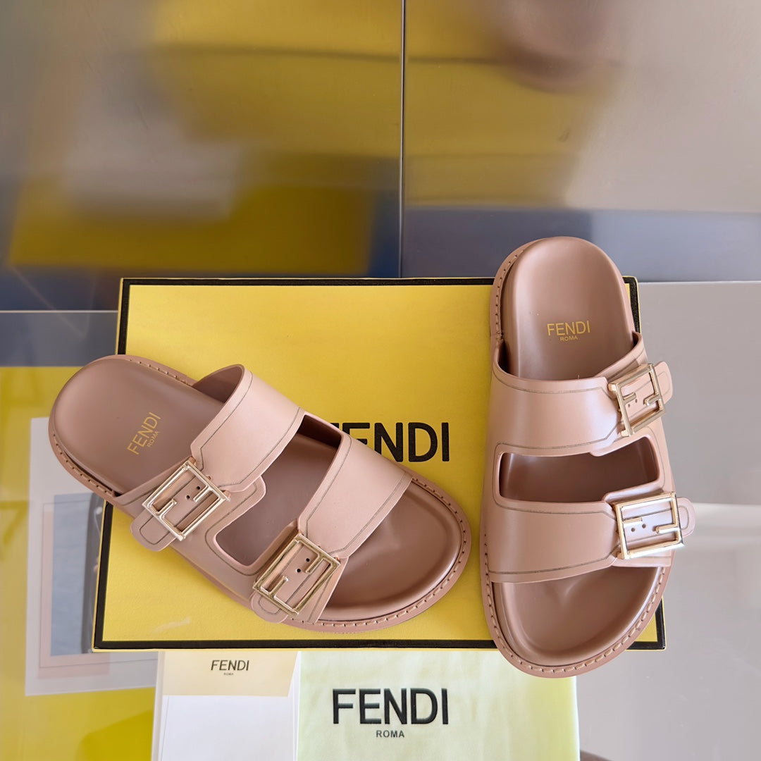 Luxury FendiLuxury FendiBAGUETTE DAD SANDALS IN BUFF BROWN CALFSKIN