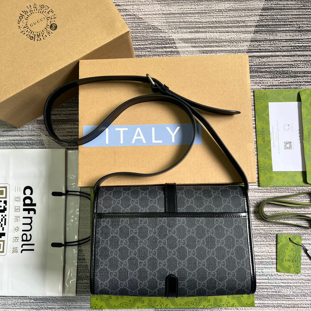 Luxury Gucci MESSENGER BAG 25 IN DARK GREY CANVAS ANG BLACK CALFSKIN