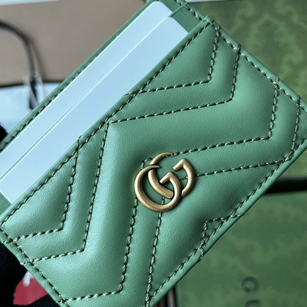 Luxury Gucci MARMONT QUILTED CARD CASE 10 IN LIGHT GREEN LAMBSKIN