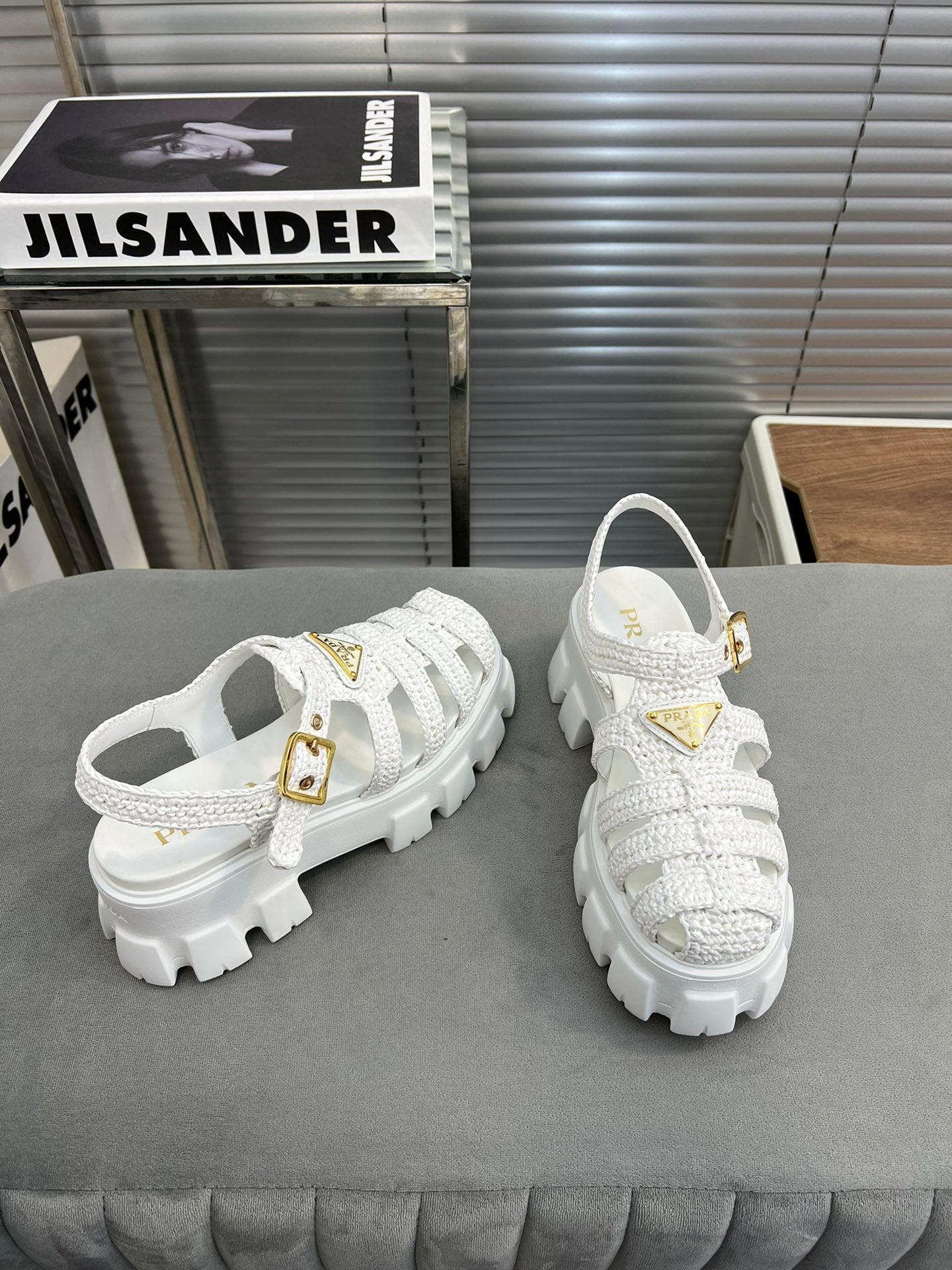 Luxury PradaMonolith Crochet Cage Sandals 55 White