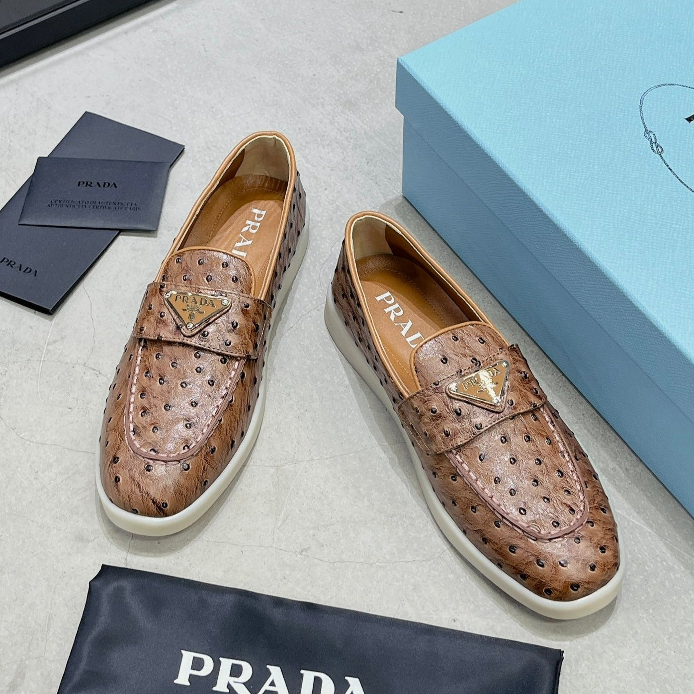 Luxury PradaOSTRICH PATTERN LOAFERS CARAMEL CALFSKIN
