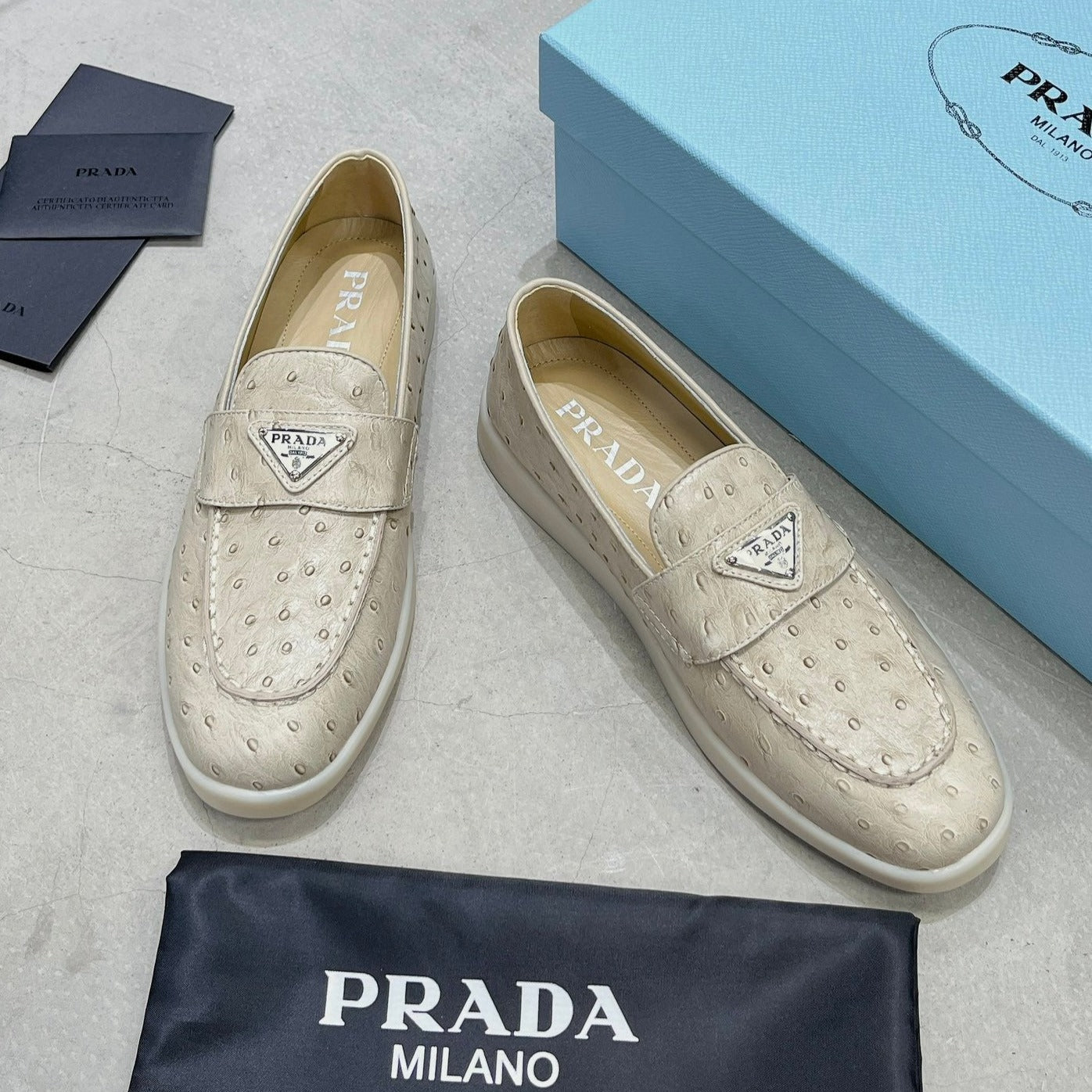Luxury PradaOSTRICH PATTERN LOAFERS CREAMY WHITE CALFSKIN