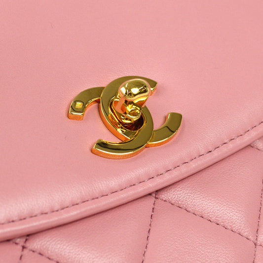 CHANEL * 1989-1991 Round Flap Shoulder Bag Medium Pink Lambskin 67904