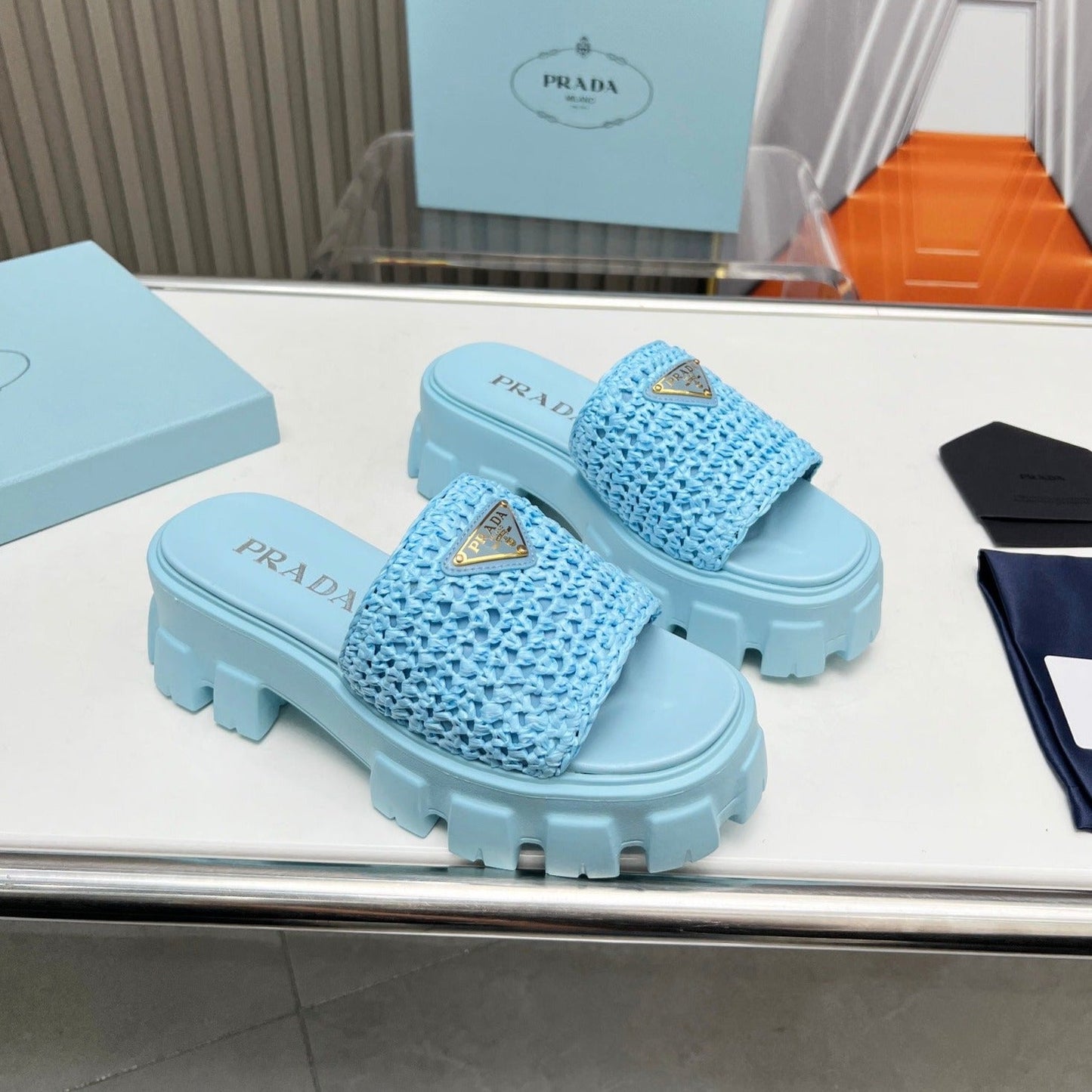 Luxury PradaTHICK-SOLED CROCHET SANDALS SKY WOVEN FABRIC