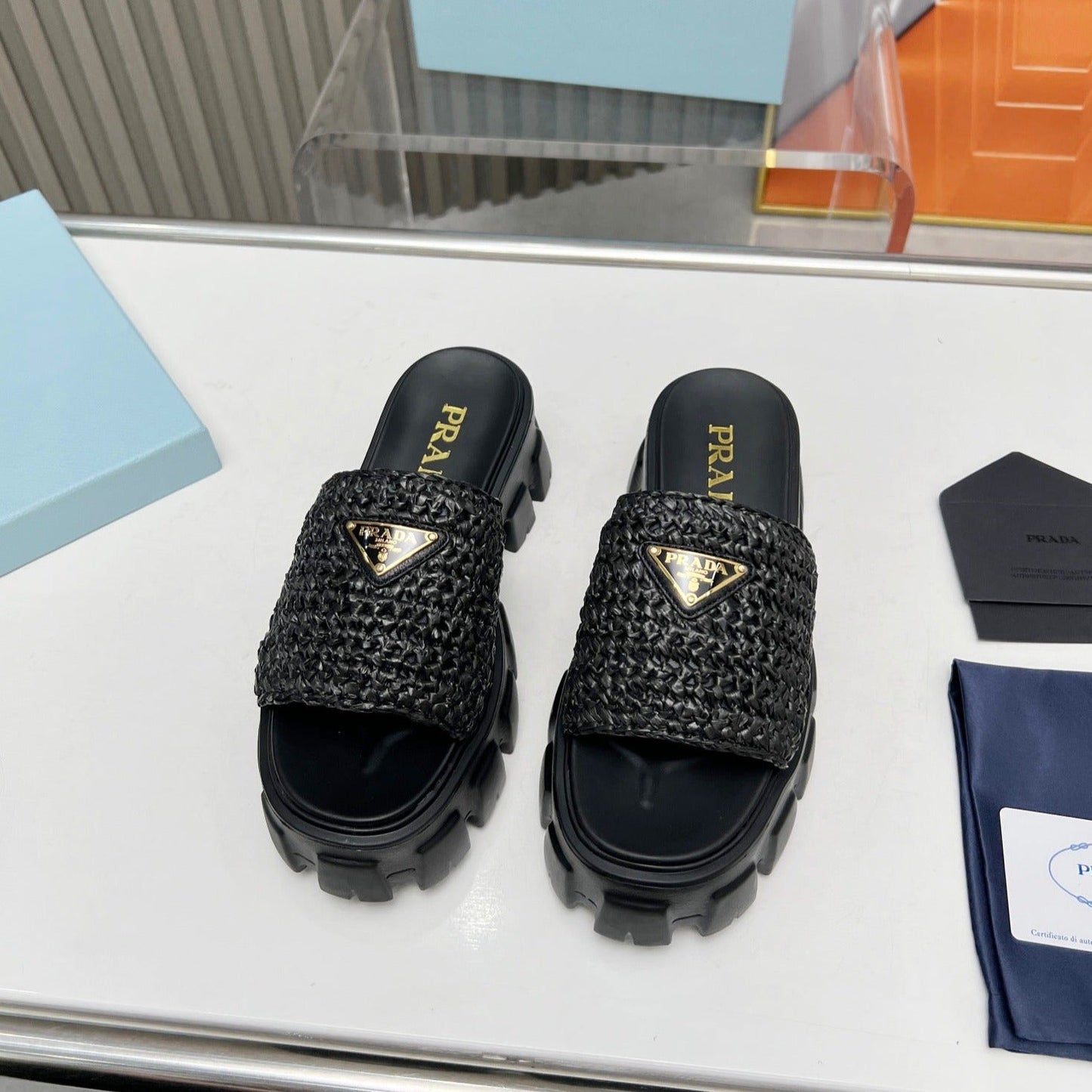 Luxury PradaTHICK-SOLED CROCHET SANDALS BLACK WOVEN FABRIC