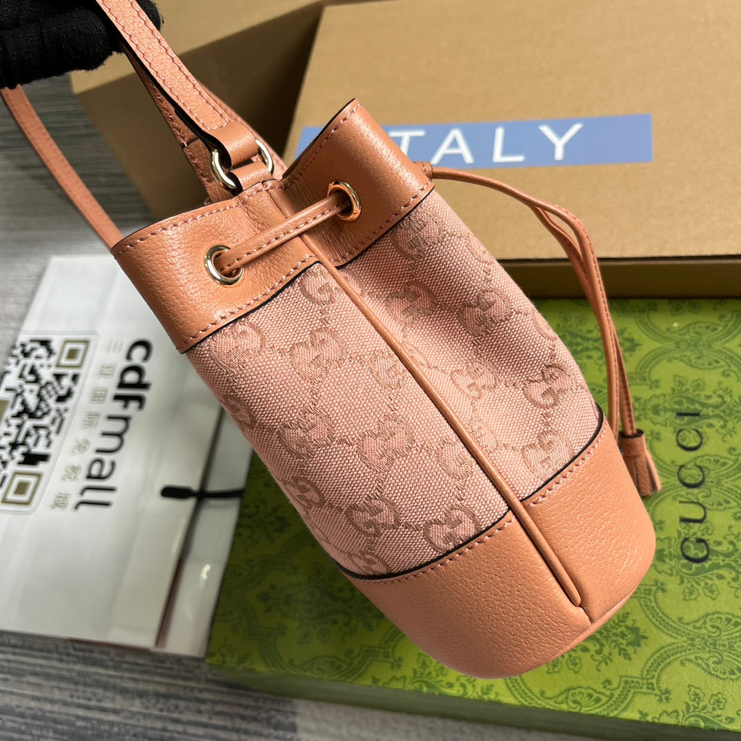 Luxury Gucci GG OPHIDIA MINI 19 BUCKET LIGHT PINK CANVAS AND CALFSKIN