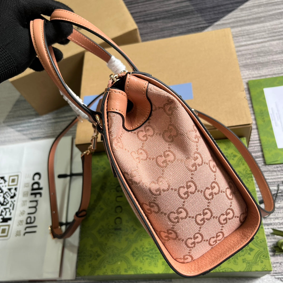 Luxury Gucci GG OPHIDIA SMALL 24 TOTE BAG IN BLUSH PINK CANVAS AND CALFSKIN