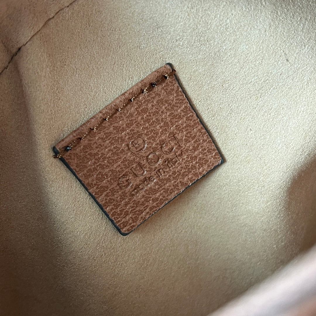 Luxury Gucci OPHIDIA MINI ROUND SHOULDER BAG 18 IN BLUSH PINK CANVAS AND BROWN LEATHER TRIM
