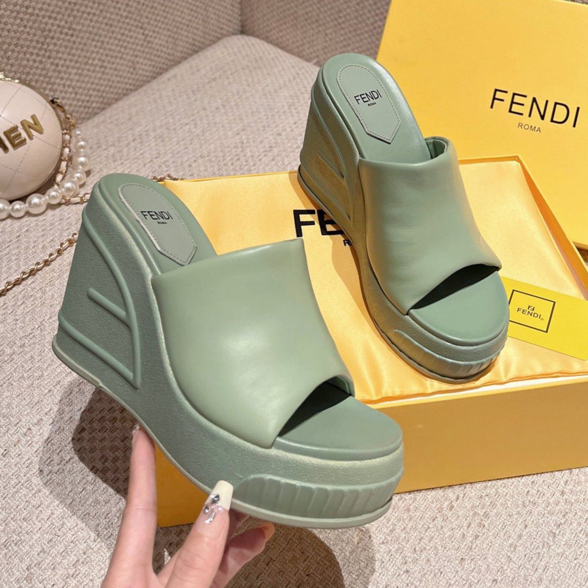 Luxury FendiLuxury FendiBAGUETTE WEDGE PLATFORM 85MM IN SEAFOAM GREEN CALFSKIN