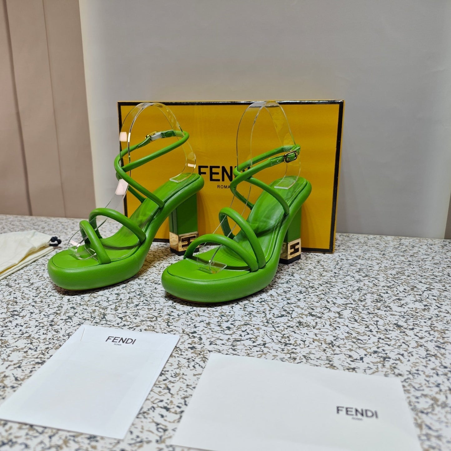 Luxury FendiLuxury FendiCHUNKY HIGH-HEELED SANDAL IN SHAMROCK GREEN CALFKIN WITH GOLD HARDWARE
