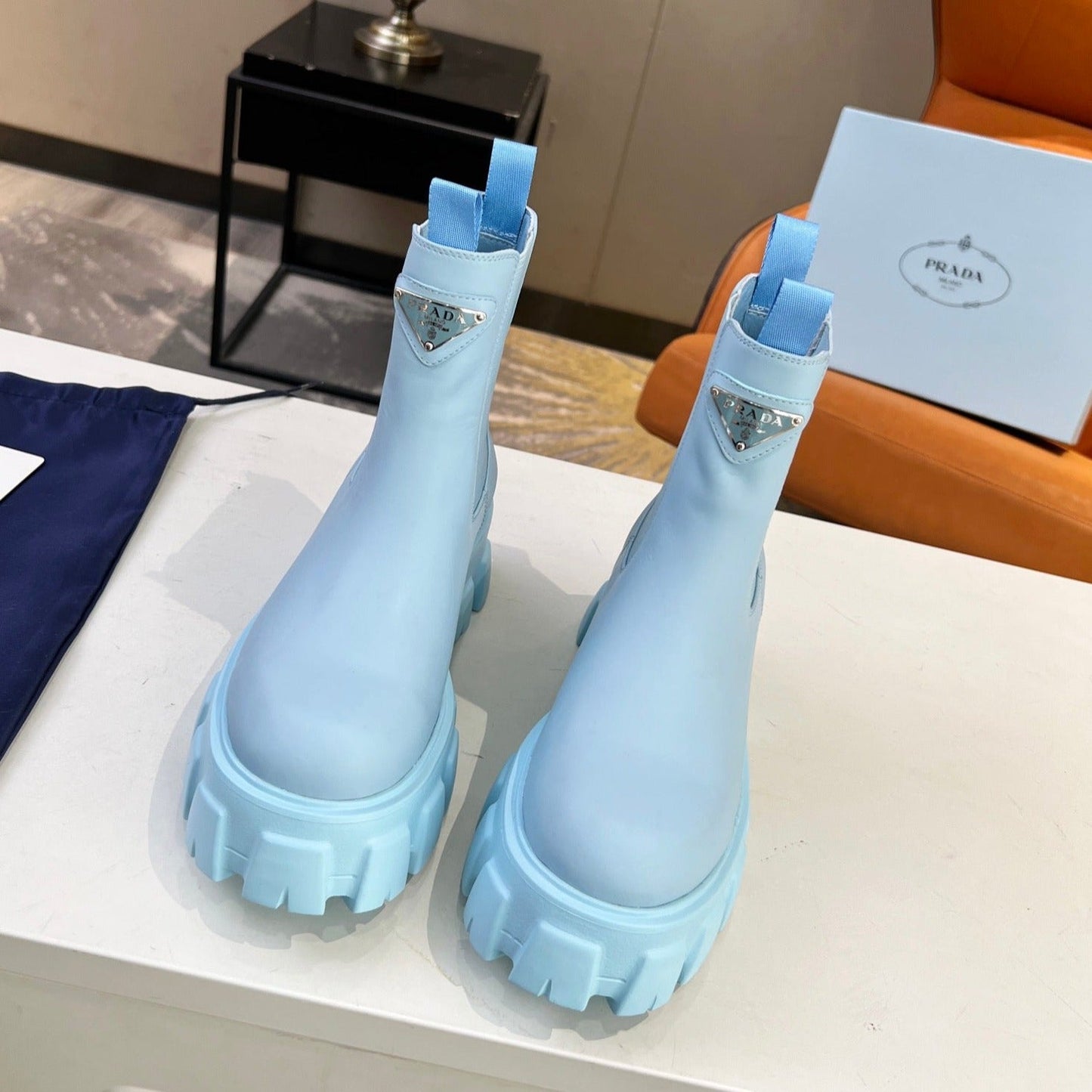 Luxury PradaMONOLITH BRUSHED BOOTIES 55 SKY CALFSKIN