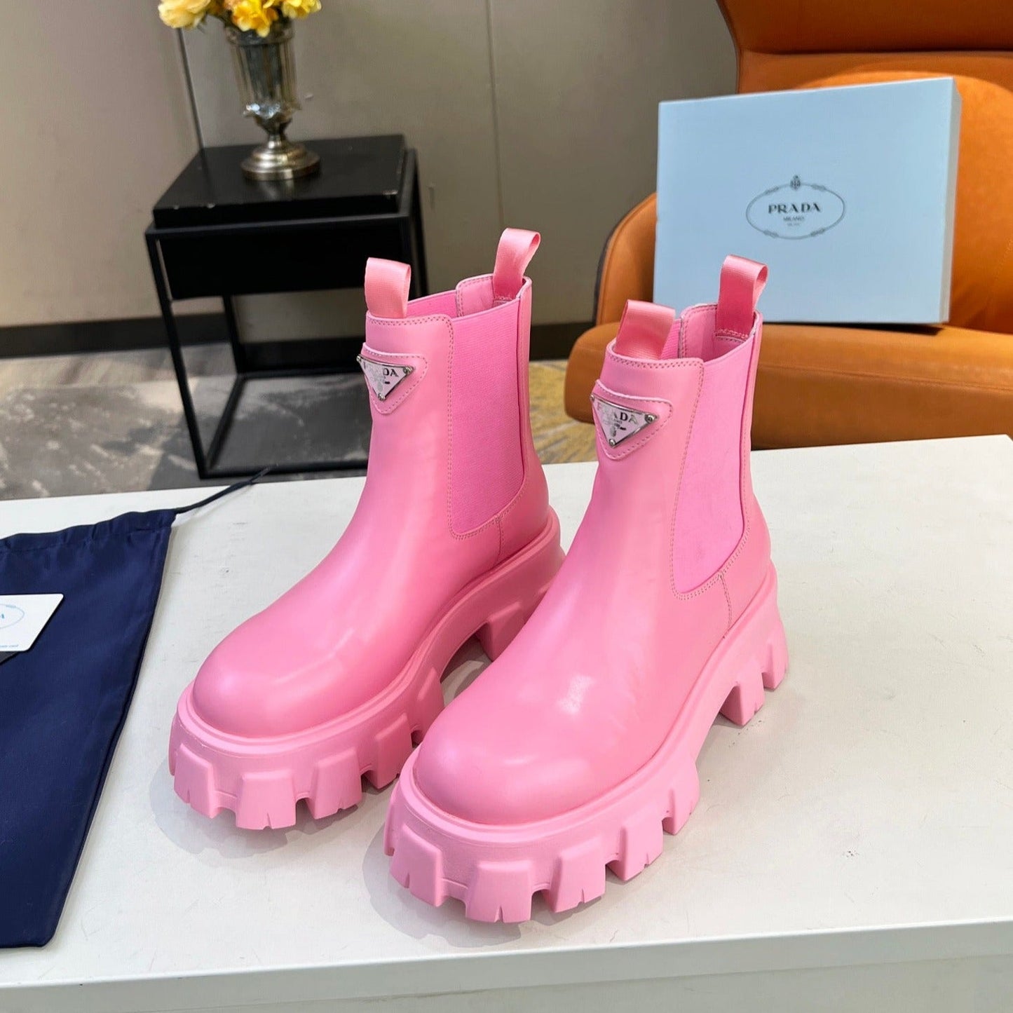 Luxury PradaMONOLITH BRUSHED BOOTIES 55 BRIGHT PINK CALFSKIN