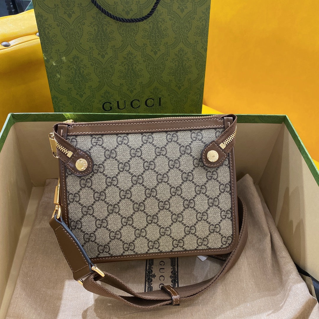Luxury Gucci GG SMALL 21 CROSSBODY BAG WITH TAG IN BEIGE CANVAS AND BROWN CALFSKIN