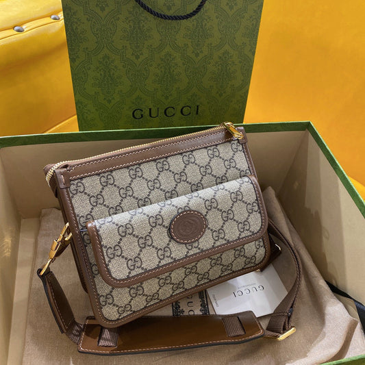 Luxury Gucci GG SMALL 21 CROSSBODY BAG WITH TAG IN BEIGE CANVAS AND BROWN CALFSKIN