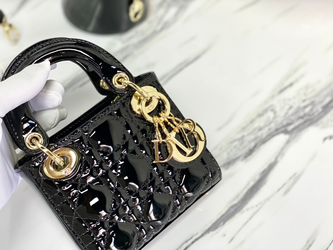 Luxury DiorMICRO LADY 12 BAG IN GLOSSY BLACK LAMBSKIN