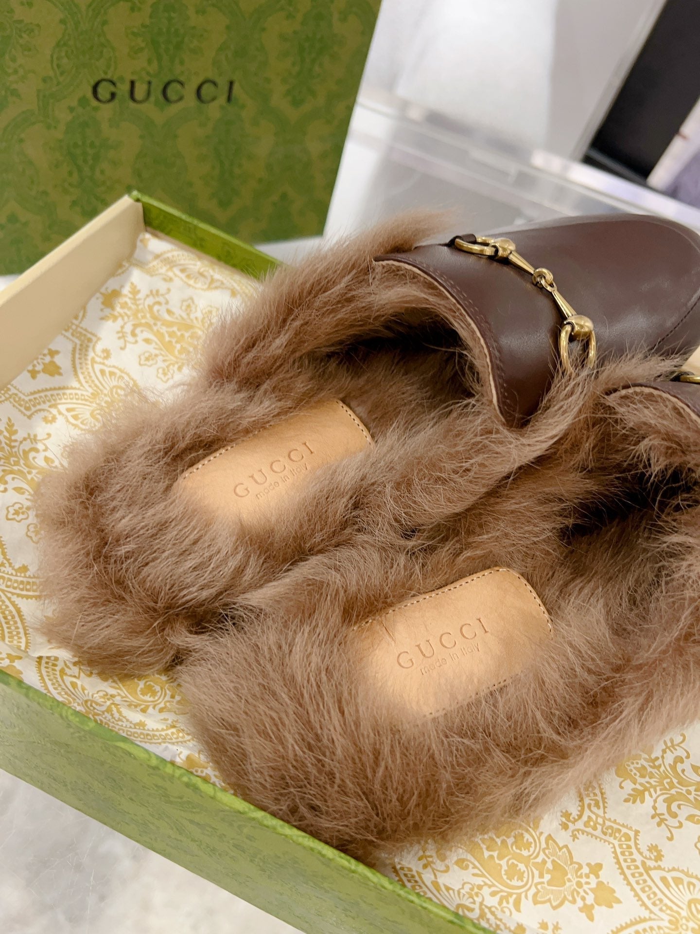 Luxury Gucci GG Princetown Slipper Brown Calfskin Tuscan Wool
