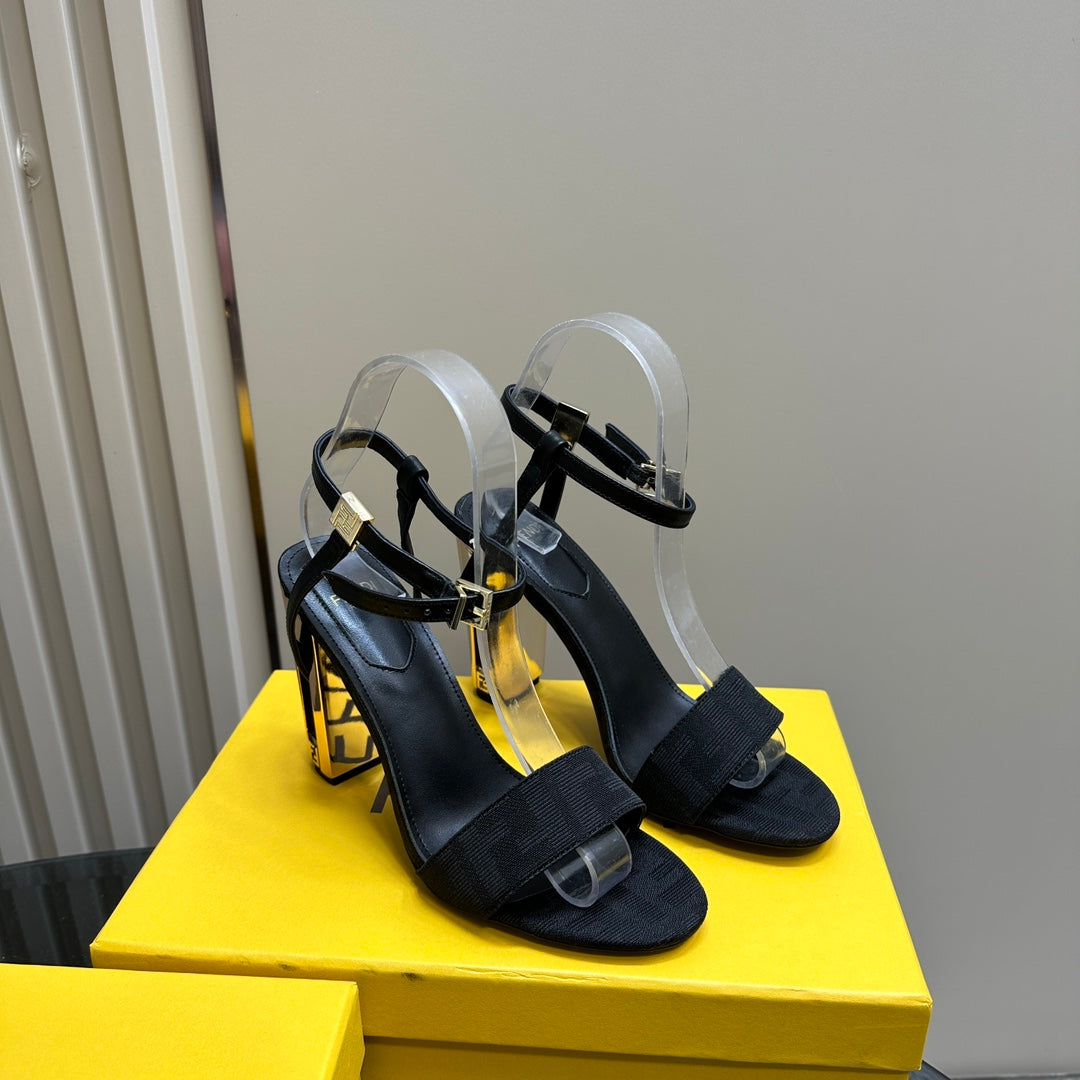 Luxury FendiLuxury FendiDELFINA HIGH-HEELED 10 CM SANDAL IN BLACK FF CANVAS