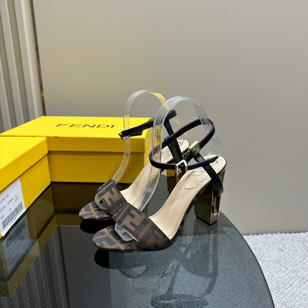 Luxury FendiLuxury FendiDELFINA HIGH-HEELED 10 CM SANDAL IN BROWN MONOGRAM FF CANVAS