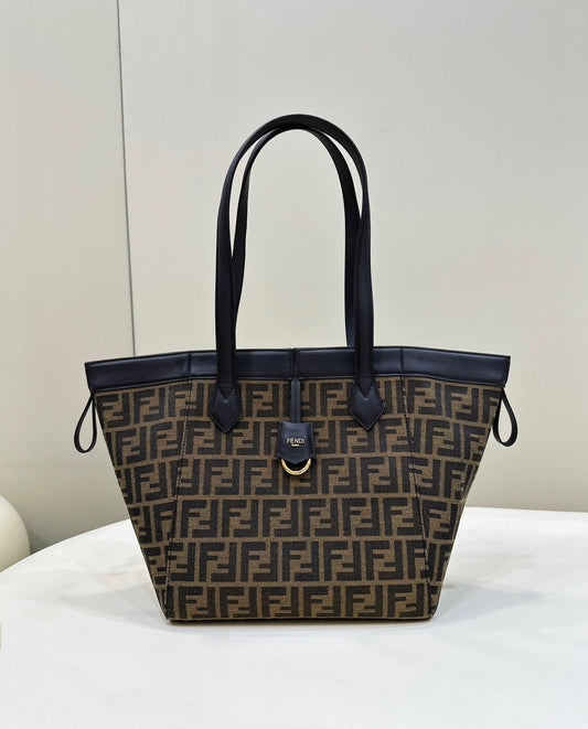 Luxury FendiLuxury FendiORIGAMI MEDIUM 27 BROWN MIX BLACK FF JACQUARD FABRIC BAG