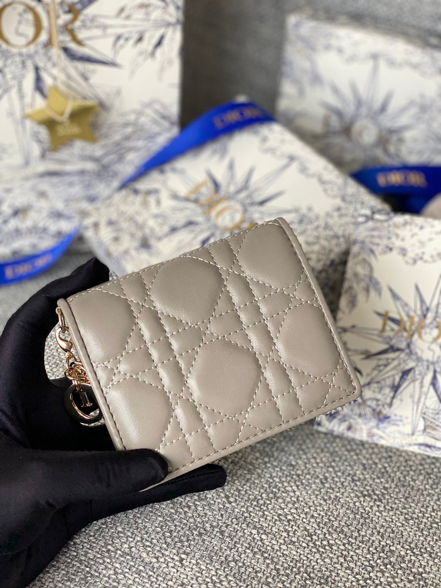 Luxury DiorCaro 11cm Compact Wallet Grey Calfskin